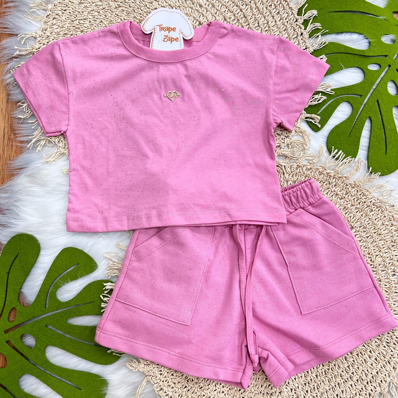 Conj. Blusa Coração e Short Brilhos - Rosa
